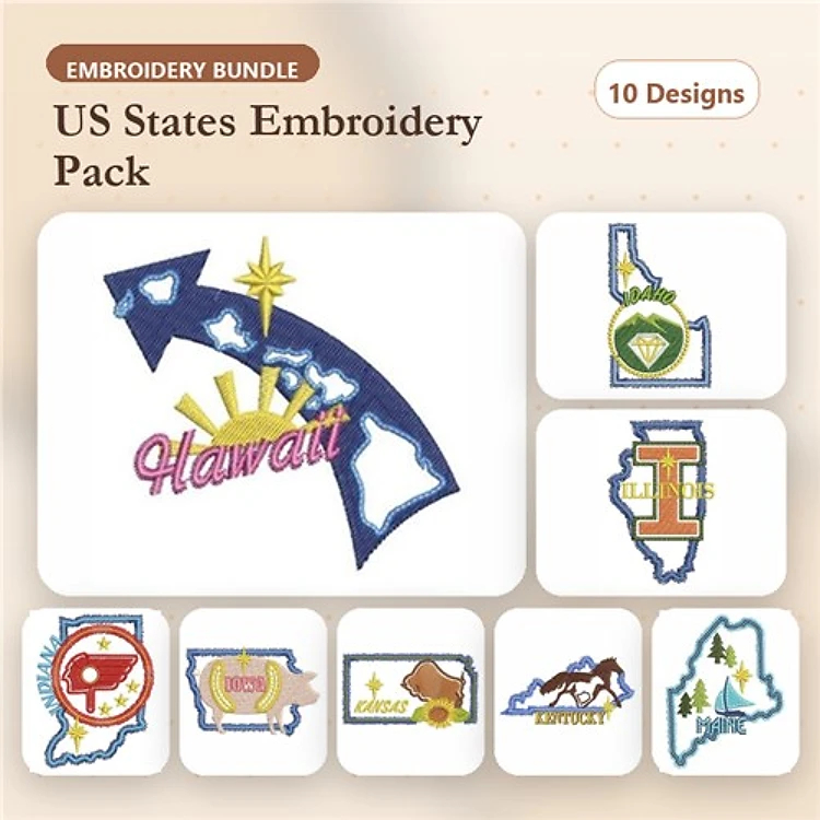 US States Embroidery Bundle – Hawaii, California, Texas, & More (10 Designs)