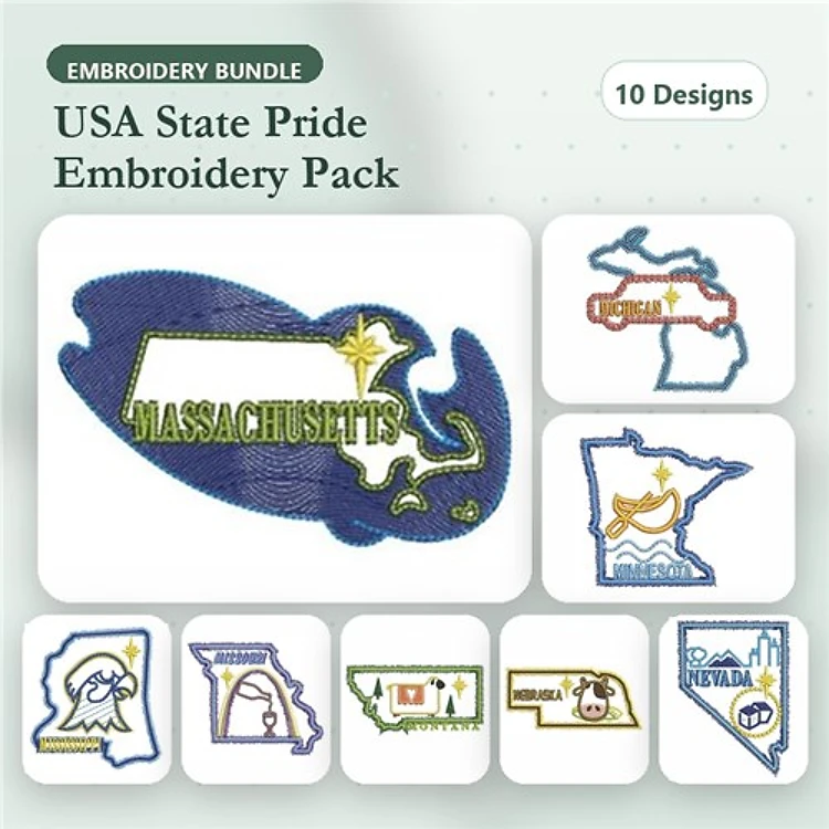 USA State Pride Embroidery Bundle – Massachusetts, Michigan, Minnesota & More (10 Designs)