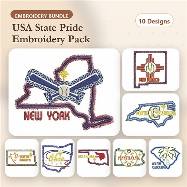 USA State Pride Embroidery Bundle – New York, Texas, Ohio & More (10 Designs)