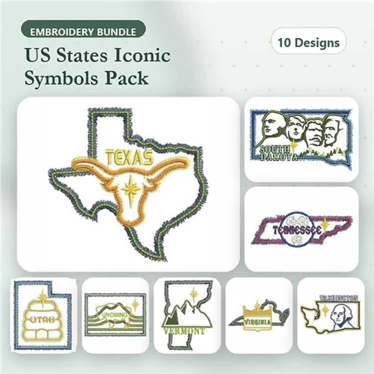US States Iconic Symbols Embroidery Designs Bundle – Texas Longhorn, Mount Rushmore, State Outlines & More (10 Designs)