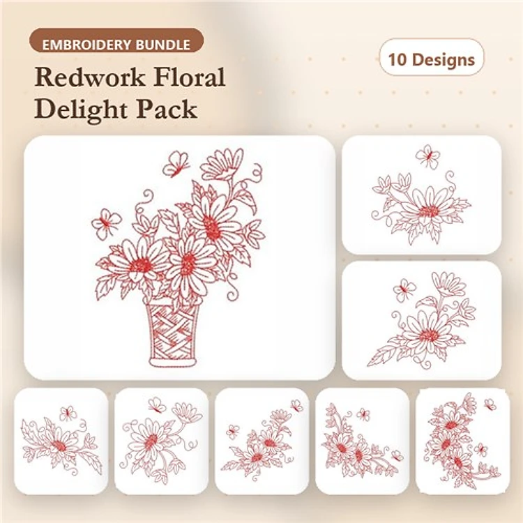 Redwork Floral Embroidery Bundle – Flower Bouquet, Vase of Wildflowers, Butterfly & More (10 Designs)