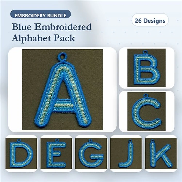 FSL Blue Embroidered Alphabet Embroidery Designs Bundle – Letter A, Letter B, Letter D, & More (26 Designs)