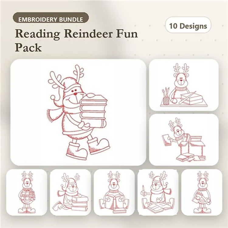 Redwork Reading Reindeer Embroidery Designs Bundle – Reindeer with Books, Reindeer Reading, & More (10 Designs)