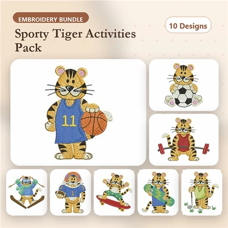 Sporty Tiger Embroidery Bundle – Basketball Tiger, Soccer Tiger, Weightlifting Tiger & More (10 Designs)