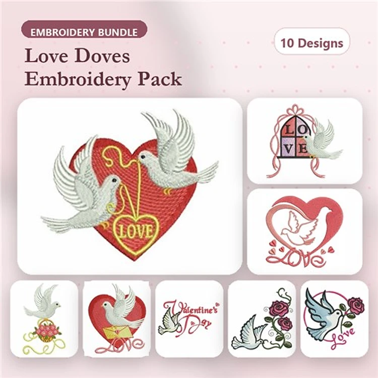 Love Doves Embroidery Designs Bundle – Heart, Bird Cage, Floral Elements & More (10 Designs)