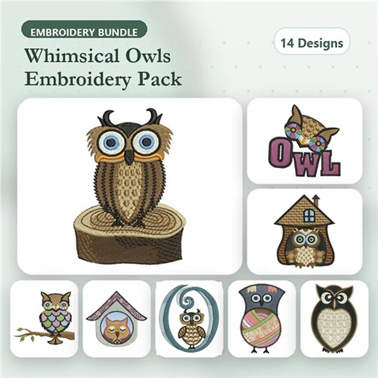 Owl Embroidery Bundle – Owl with Big Eyes, Owl with Hat, House with Owl & More (14 Designs)