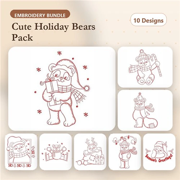 Redwork Holiday Bears Embroidery Bundle – Bear with Gift, Bear with Ornament, Bear in Santa Hat & More (10 Designs)