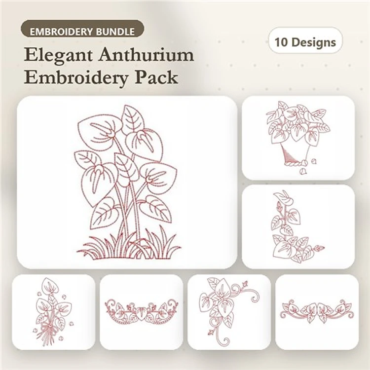 Redwork Elegant Anthurium Embroidery Bundle – Anthurium Plant, Anthurium Pot, Floral Border & More (10 Designs)