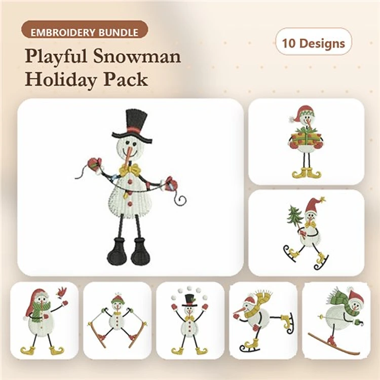 Playful Snowman Embroidery Bundle – Christmas Lights, Pine Branch, Skates & More (10 Designs)