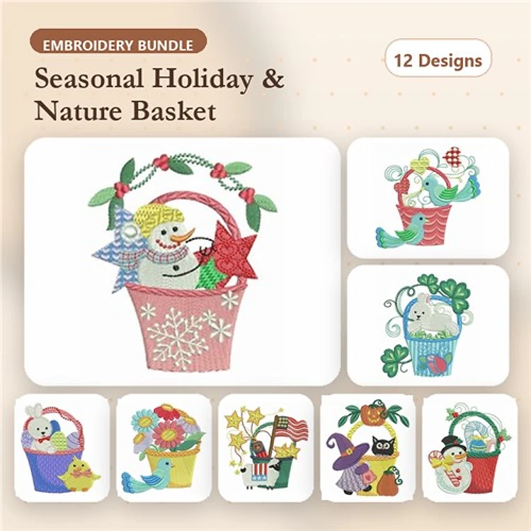 Seasonal Holiday & Nature Basket Embroidery Bundle – Festive Designs (12 Designs)