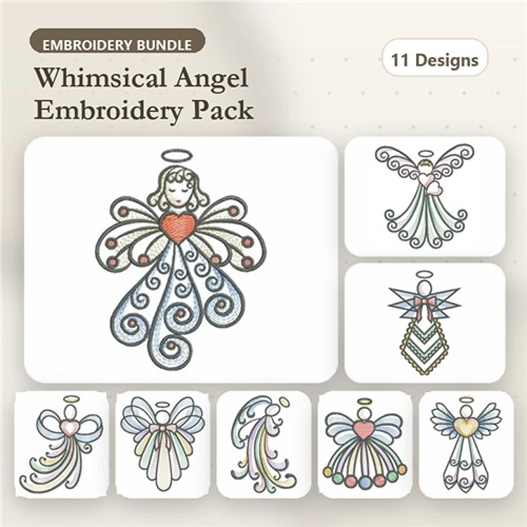 Angels Embroidery Designs Bundle – Angel with Heart, Angel with Bow, Christmas Angel & More (11 Designs)
