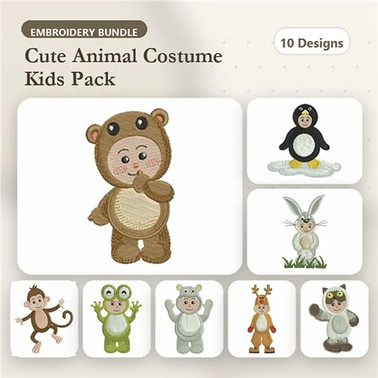 Cute Animal Costumes Embroidery Bundle – Bear, Penguin, Rabbit & More (10 Designs)