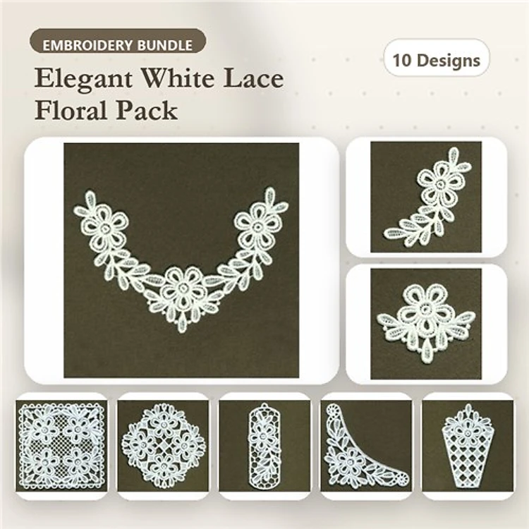 FSL Elegant Floral Lace Embroidery Bundle – Floral Lace Necklace, Lace Flower Cluster, Lace Floral Border & More (10 Designs)