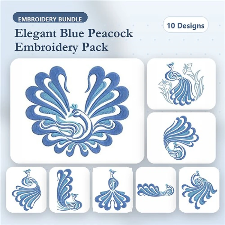 Elegant Blue Peacock Embroidery Designs Bundle – Stylized Peacock with Swirls, Full Body Peacock, & More (10 Designs)