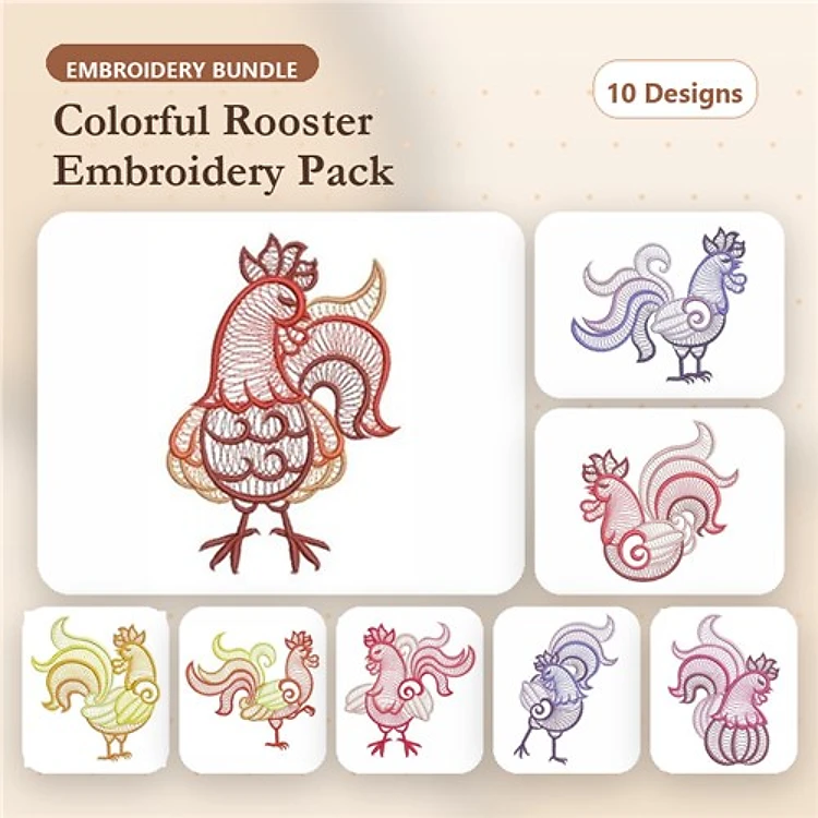 Redwork Colorful Rooster Embroidery Bundle – Funky Rooster, Elegant Rooster, Ornamental Rooster & More (10 Designs)
