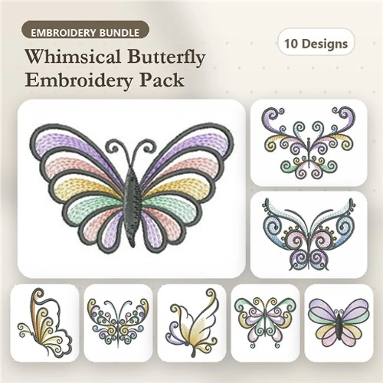 Butterfly Embroidery Designs Bundle – Large Whimsical, Swirling, Decorative & More (10 Designs)