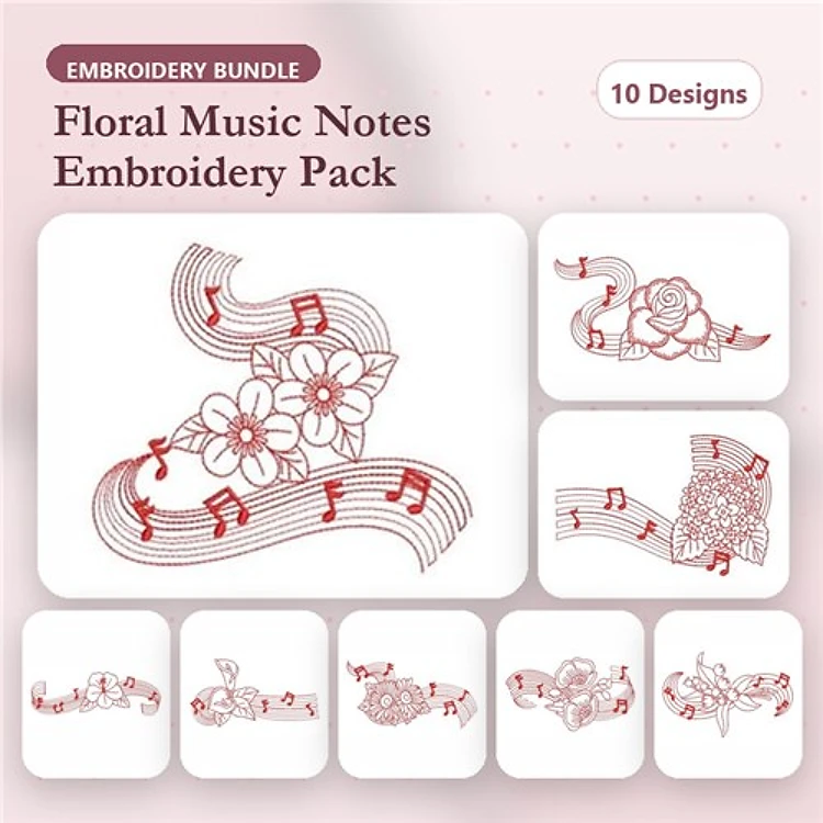 Redwork Floral Music Notes Embroidery Designs Bundle – Notes with Flowers, Roses, Leaves & More (10 Designs)