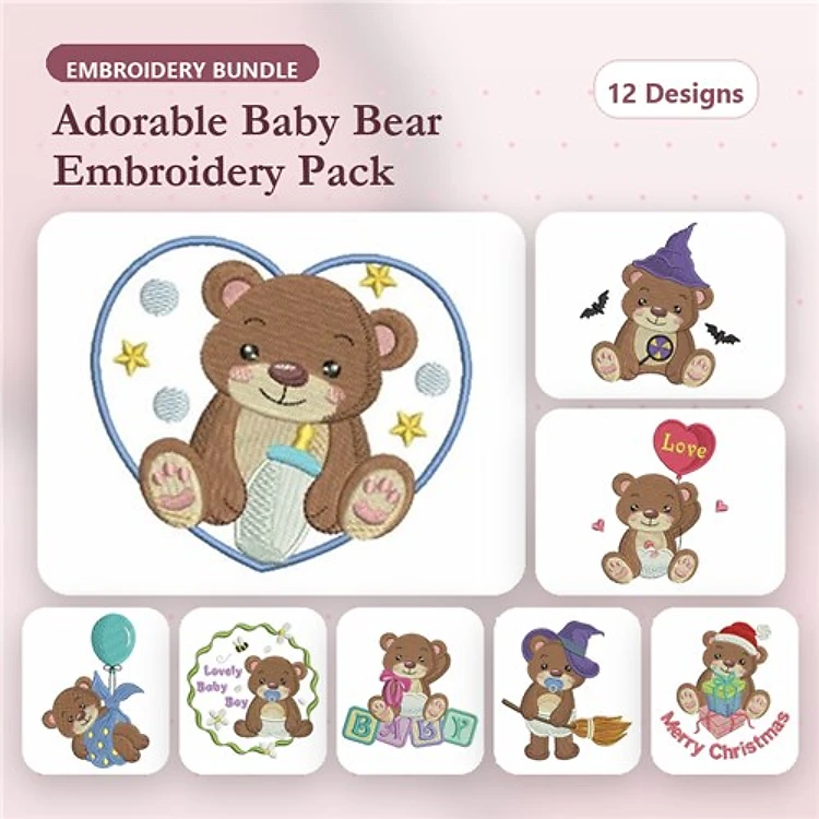 Adorable Baby Bears Embroidery Bundle – Bears with Blanket, Love, Hat & More (12 Designs)