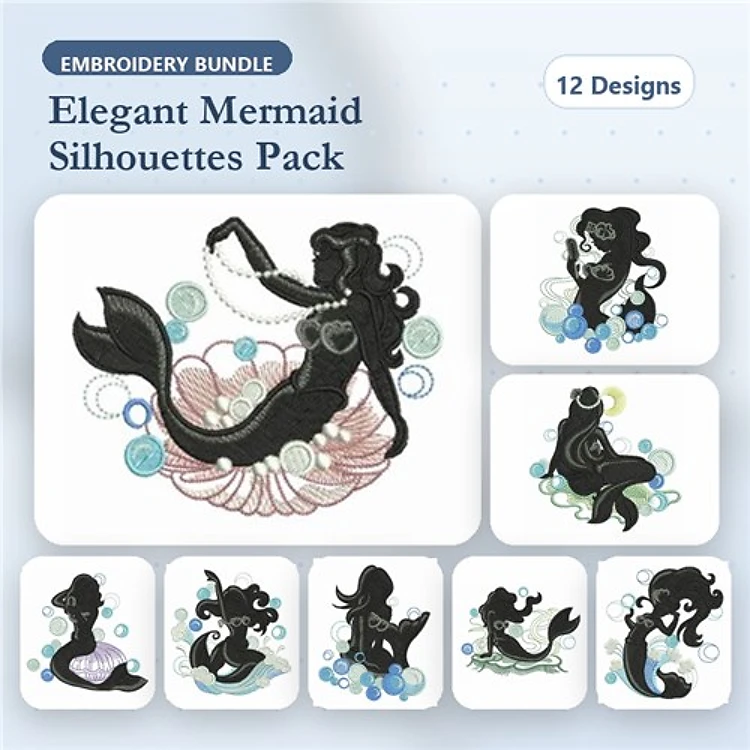 Mermaid Silhouettes Embroidery Designs Bundle – Mermaid with Pearl Necklace, Elegant Mermaid Silhouette, & More (12 Designs)