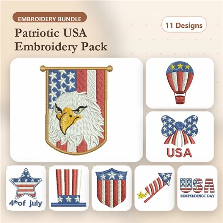 Patriotic USA Embroidery Designs Bundle – Eagle with American Flag Shield, Hot Air Balloon with Stars, 4th of July Banner & More (11 Designs)