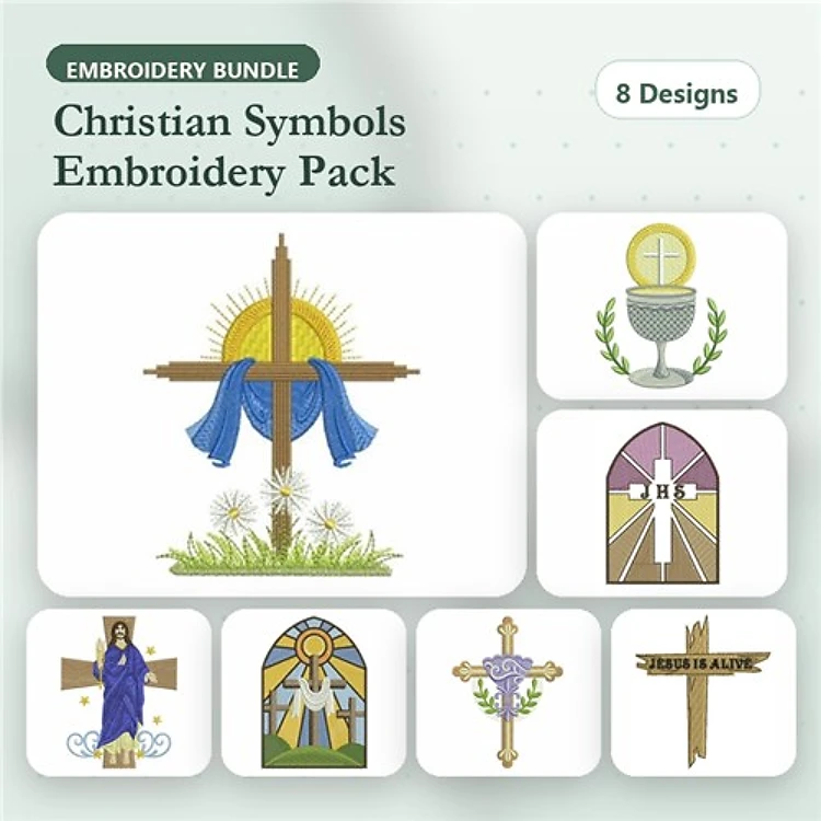 Christian Symbols Embroidery Bundle – Cross with Blue Ribbon, Chalice with Host, Crucifix with Jesus & More (8 Designs)