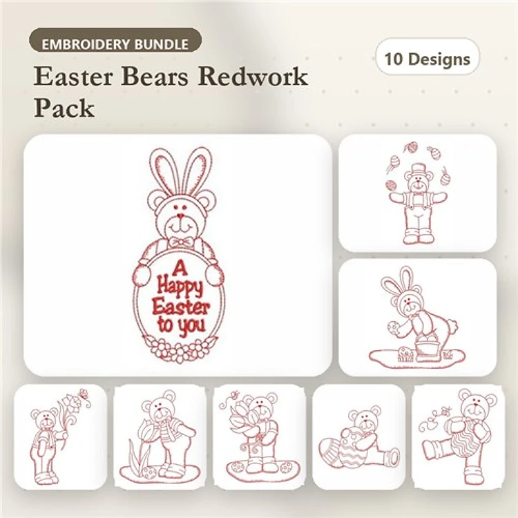Redwork Easter Bear Embroidery Bundle – Bunny with Egg, Bear Holding Sign, Bear Painting Egg & More (10 Designs)