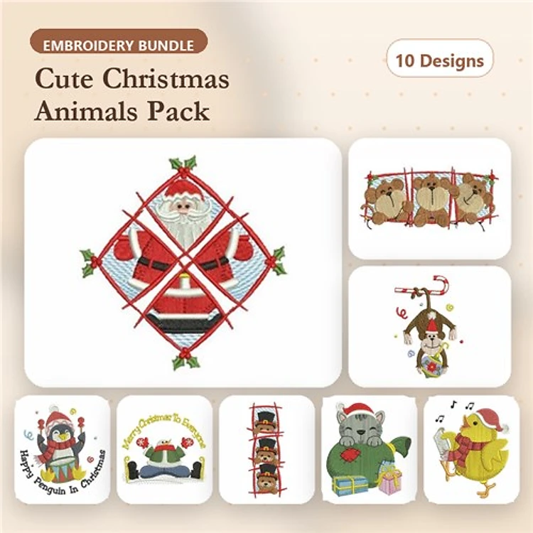 Christmas Animals Embroidery Bundle – Santa Claus, Reindeer, Christmas Cat & More (10 Designs)