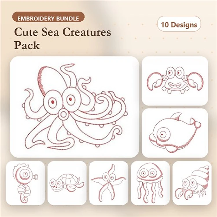 Redwork Cute Sea Creatures Embroidery Bundle – Octopus, Crab, Fish & More (10 Designs)