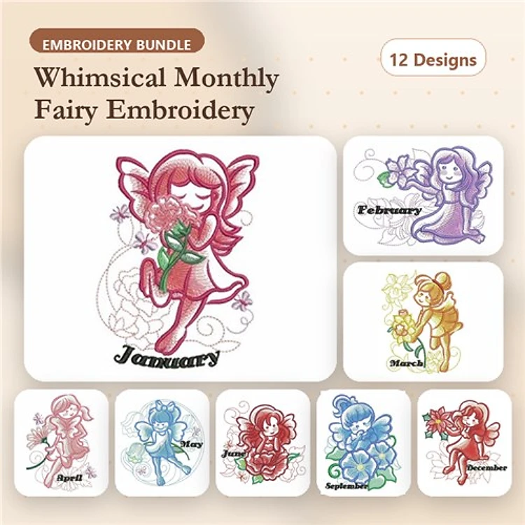 Whimsical Fairies Embroidery Designs Bundle – January Fairy, February Fairy, March Fairy & More (12 Designs)