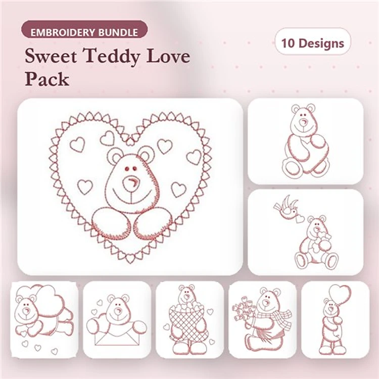 Redwork Teddy Bears in Love Embroidery Designs Bundle – Teddy Bear with Heart, Teddy Bear Holding Balloon, & More (10 Designs)