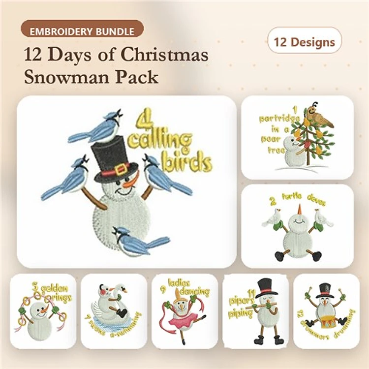 Snowman Christmas Embroidery Designs Bundle – Calling Birds, 2 Turtle Doves, 3 French Hens & More (12 Designs)