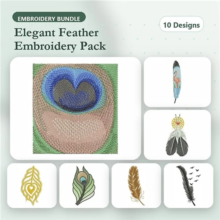 Feather Embroidery Bundle – Peacock Feather with Heart, Colorful Feather, Dreamcatcher Feather & More (10 Designs)