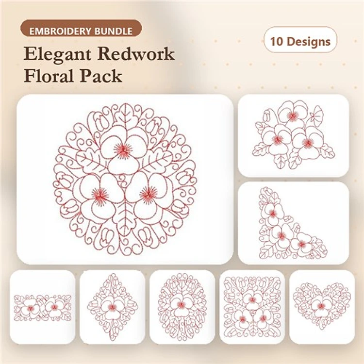 Redwork Elegant Floral Embroidery Designs Bundle – Floral Wreath, Flower Bouquet, Circular Floral Design & More (10 Designs)