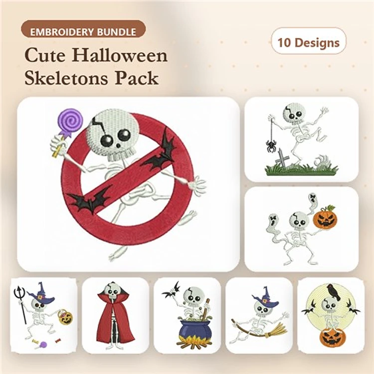 Cute Halloween Skeletons Embroidery Designs Bundle – Skeleton with Lollipop, Guitar, Pumpkin & More (10 Designs)