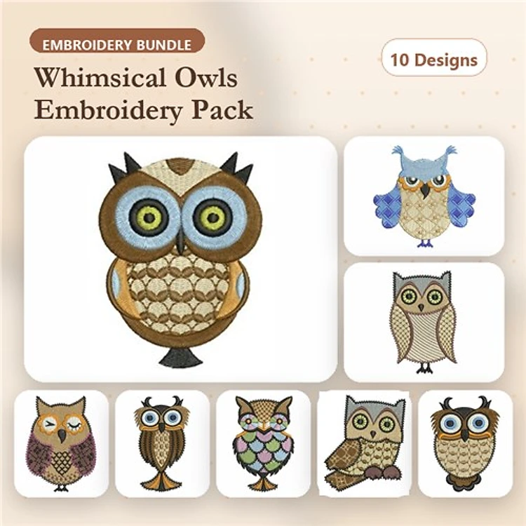 Whimsical Owls Embroidery Bundle – Owl with Large Eyes, Blue Owl, Owl with Bow Tie, Tall Owl & More (10 Designs)