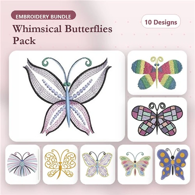Butterfly Embroidery Designs Bundle – Large Whimsical Butterfly, Rainbow Butterfly, Fancy Butterfly & More (10 Designs)