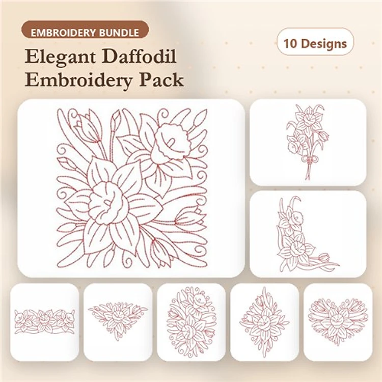 Redwork Daffodil Floral Embroidery Designs Bundle – Bouquet, Arrangement, Border & More (10 Designs)