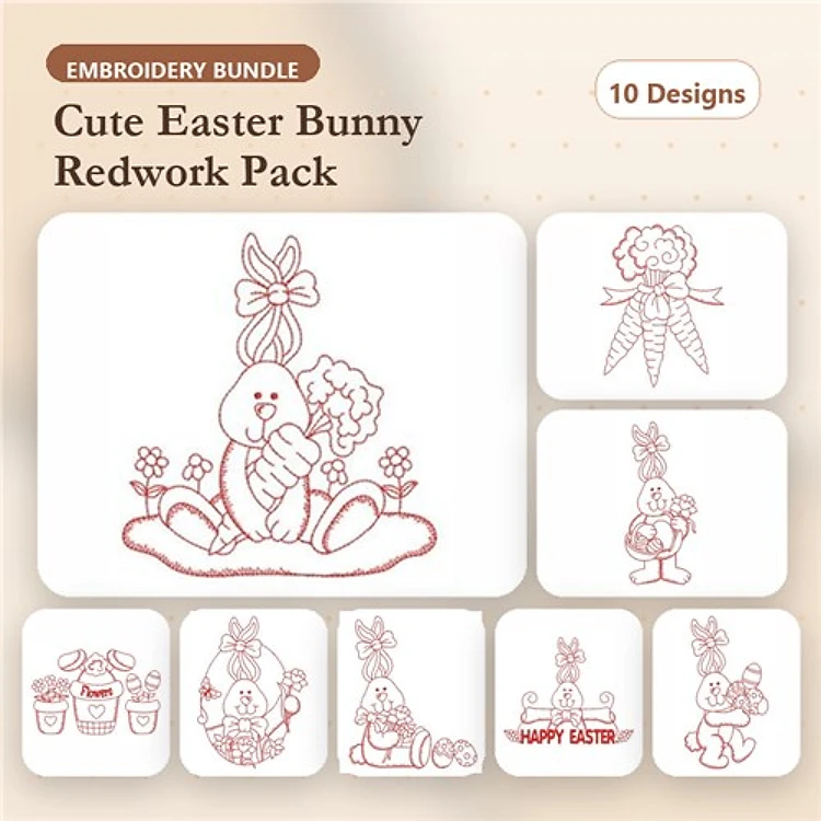 Redwork Easter Bunny Embroidery Bundle – Bunny with Carrots, Bunny with Basket, Happy Easter Message & More (10 Designs)
