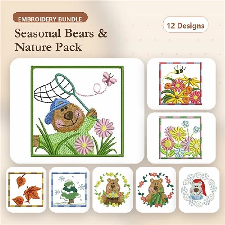 Bears and Nature Embroidery Designs Bundle – Bear with Butterfly Net, Bear with Flowers, Bee on Flower & More (12 Designs)