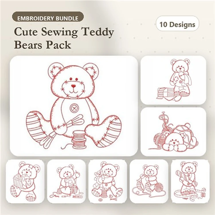 Redwork Teddy Bear Embroidery Designs Bundle – Sewing Bear, Teddy with Spools, Sleeping Teddy & More (10 Designs)