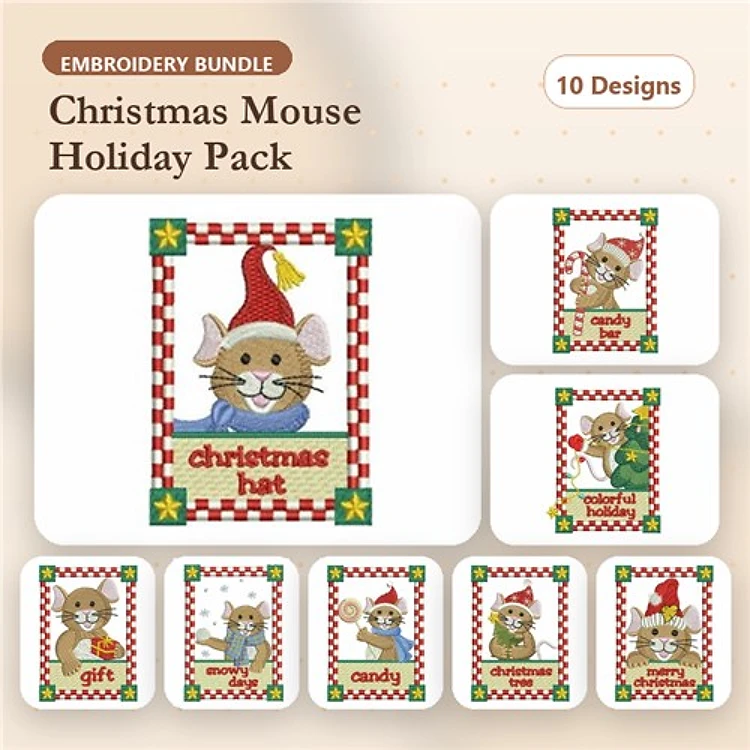 Christmas Mouse Embroidery Designs Bundle – Mouse with Gift, Candy Cane, Ornament & More (10 Designs)