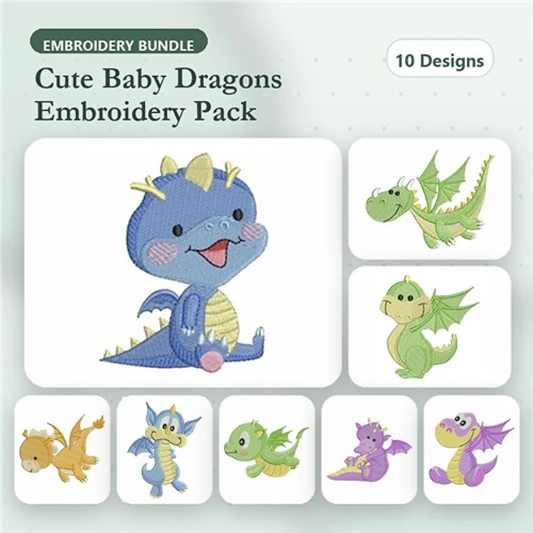 Cute Baby Dragons Embroidery Designs Bundle – Blue, Green, Purple & More (10 Designs)