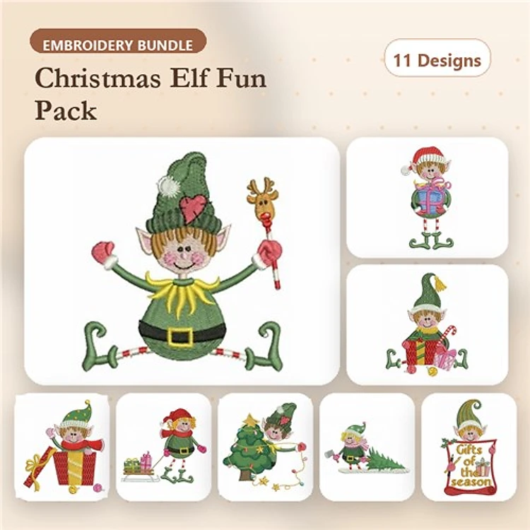 Christmas Elf Embroidery Bundle – Elf with Candy Cane, Happy Elf with Present, Sitting Elf & More (11 Designs)