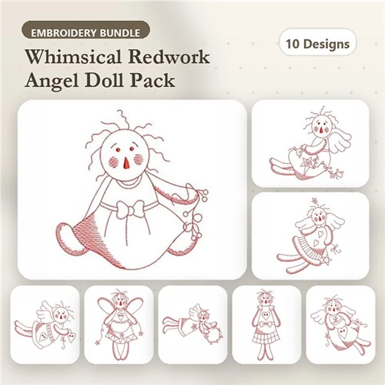 Redwork Angel Doll Embroidery Bundle – Angel Doll with Wings, Angel Doll with Gift, Sitting Angel Doll & More (10 Designs)