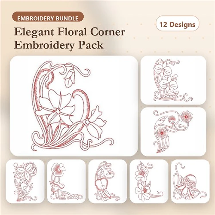 Redwork Floral Embellishments Embroidery Designs Bundle – Flower Corner with Vines, Ornamental Floral Design, & More (12 Designs)