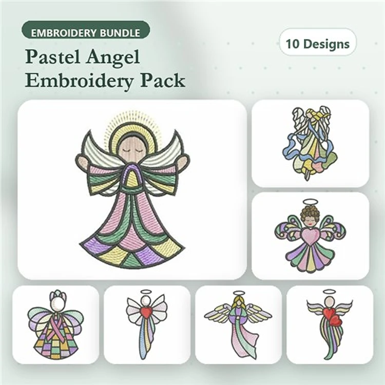 Pastel Angels Embroidery Bundle – Angel with Halo, Angel Holding a Heart, Angel in Pastel Colors & More (10 Designs)
