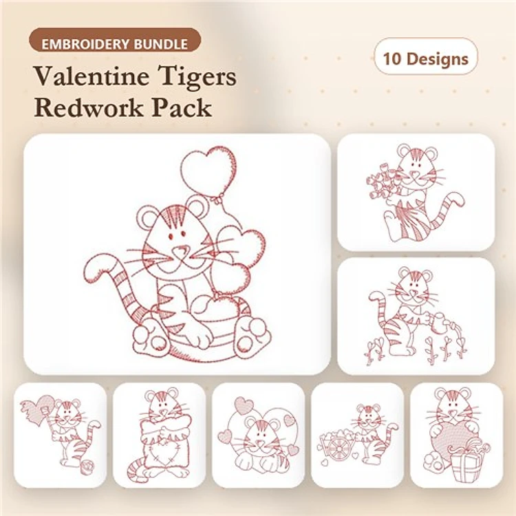 Redwork Valentine Tiger Embroidery Designs Bundle – Tiger with Heart, Tiger Holding Flowers, & More (10 Designs)