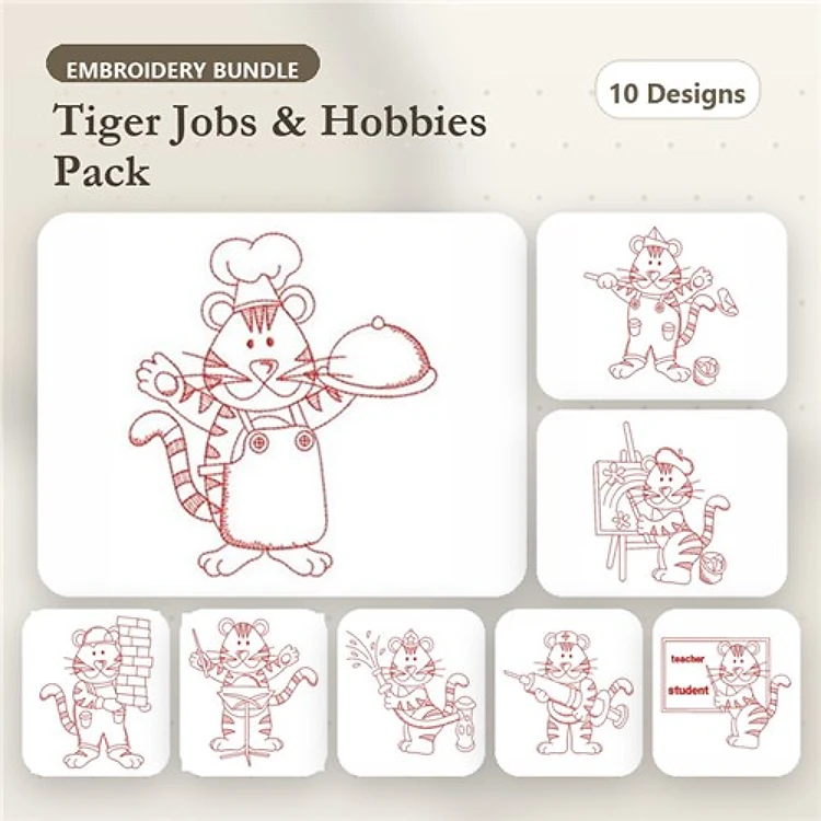 Redwork Tiger Characters Embroidery Bundle – Chef, Artist, Musician & More (10 Designs)