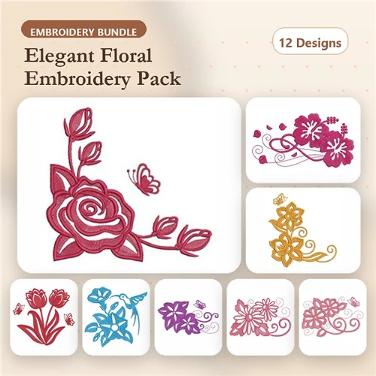 Floral Embroidery Bundle – Rose with Butterfly, Swirling Floral Design, Tulip Bouquet & More (12 Designs)