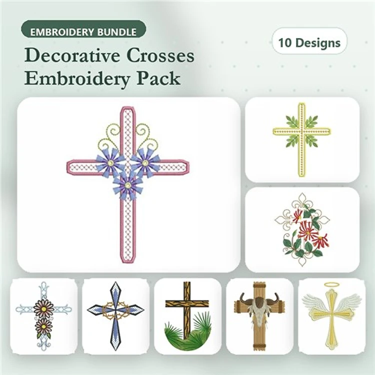 Decorative Cross Embroidery Designs Bundle – Cross with Flowers, Lace Cross, Floral Cross & More (10 Designs)